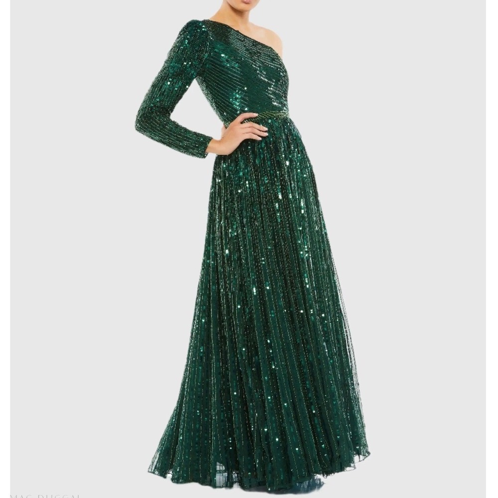 NWT Mac Duggal Sequined One Shoulder A Line Gown Emerald Green Long Sleeve 6